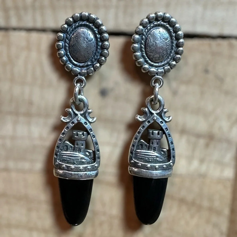 VTG ANNI‎ Stud Dangle Earrings 1.875 Inch Castle Black Onyx 925 Sterling 10.6g